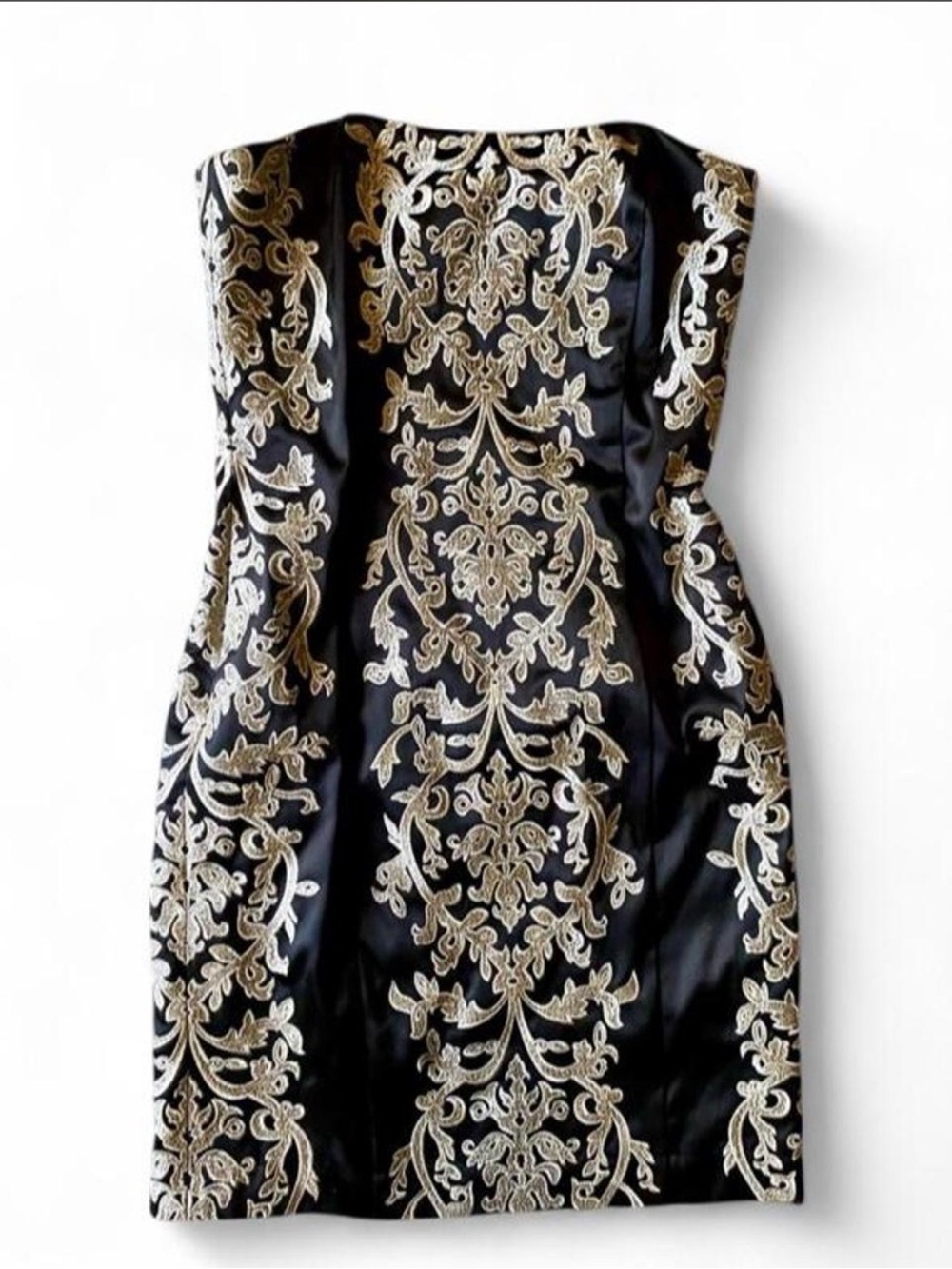 White House Black Market Black Strapless Dress with Gold Embroidery